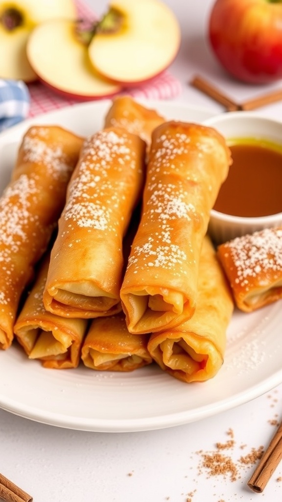 Crispy apple pie egg rolls on a plate with powdered sugar and caramel sauce.